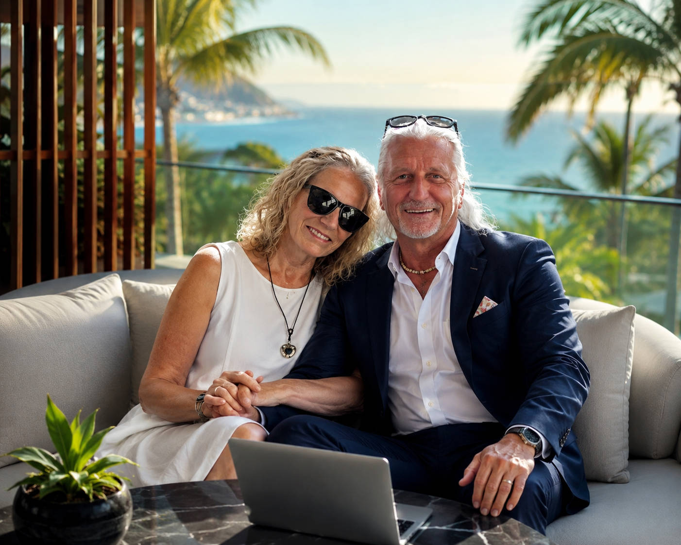 Rob and Brenda Witty sitting together in Mexico, with palm trees and the ocean behind them