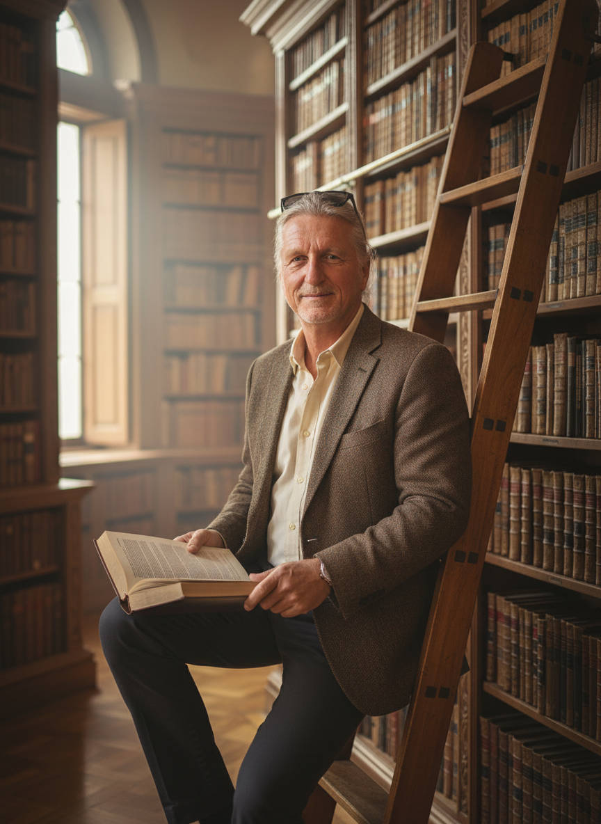 Rob Witty seated with an open book in a warmly lit library